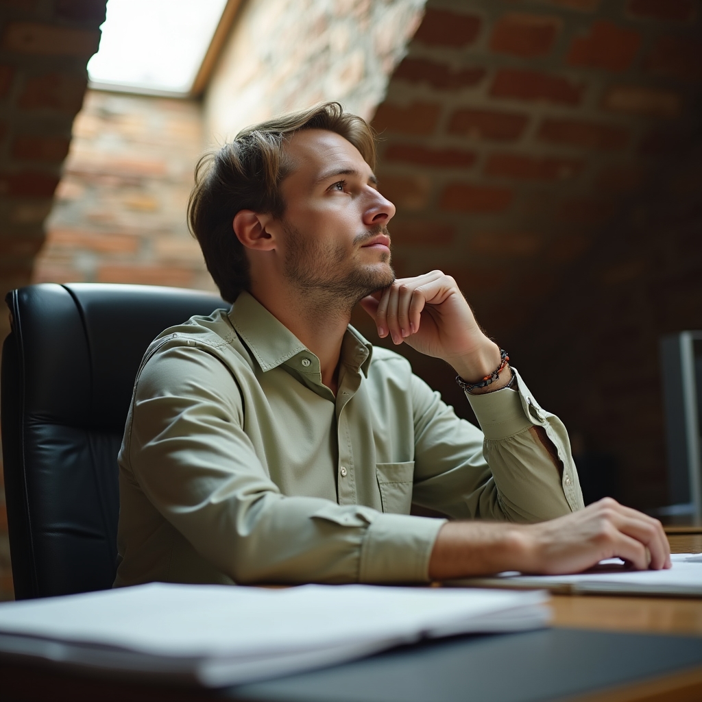 Person sitting alone at a desk with papers, looking thoughtfully at the ceiling in a moment of financial reflection