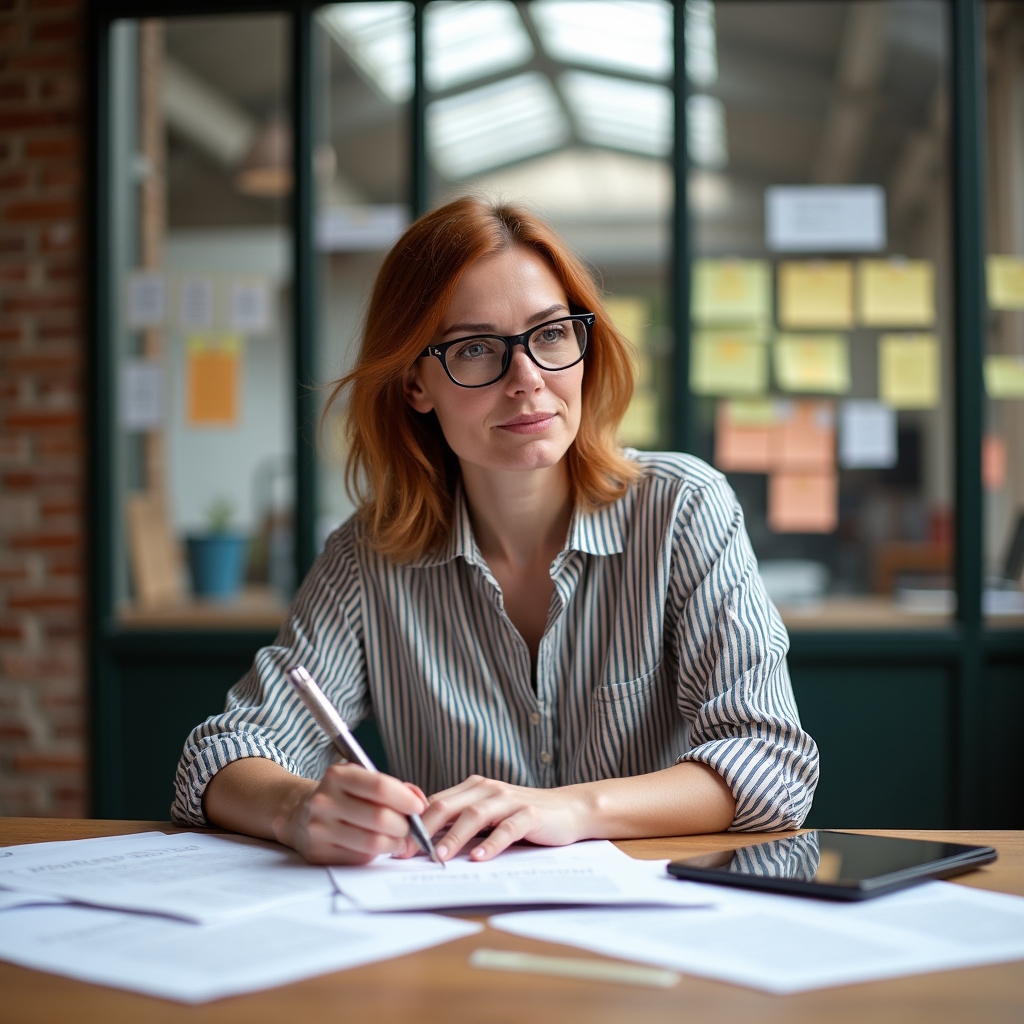 Facilitator reviewing session materials and notes at a workspace before a webinar