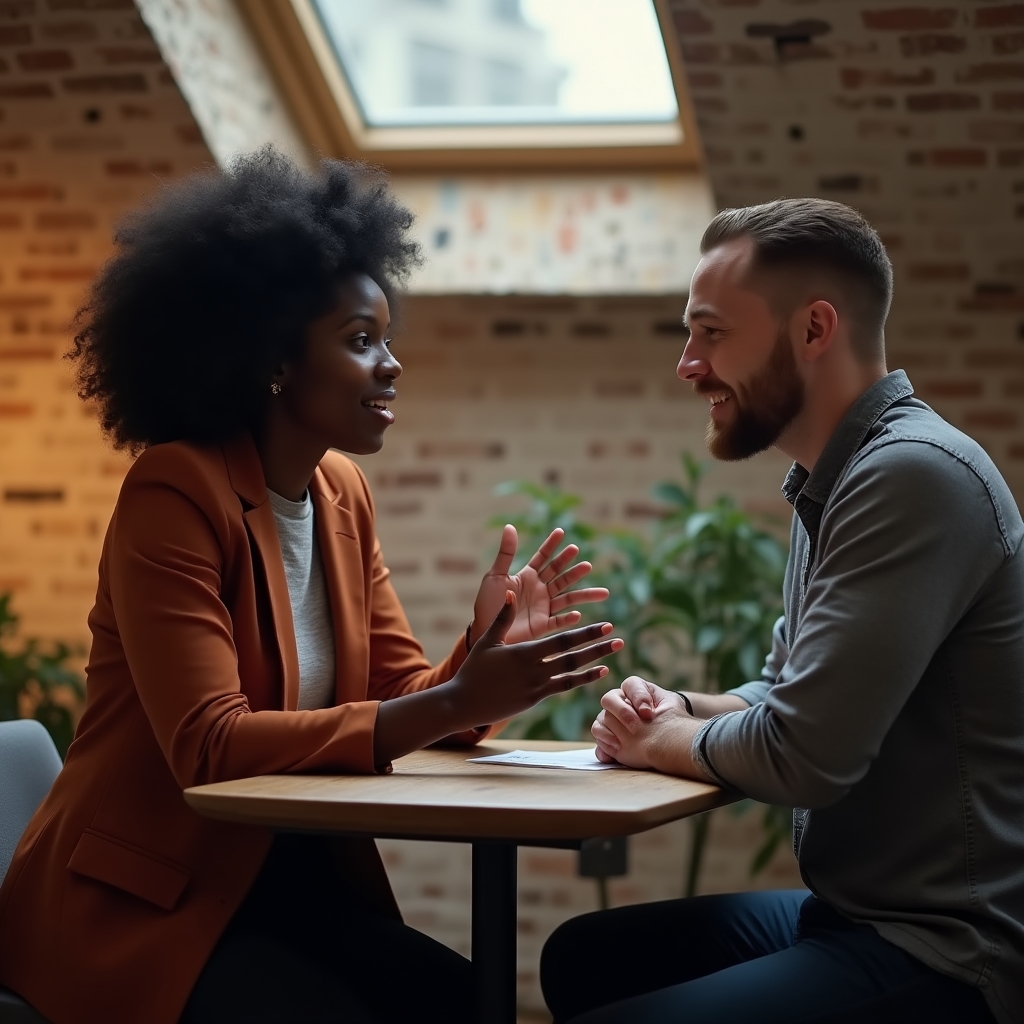 Two professionals in a relaxed discussion, one gesturing while speaking and the other listening attentively in a warmly lit workspace
